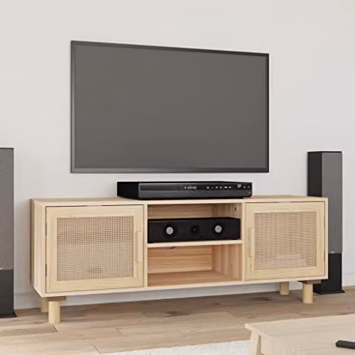 vidaXL Scandinavian TV Cabinet in Brown with Solid Pine Wood and Natural Rattan, W: 105 cm, D: 30 cm, H: 40 cm – 2