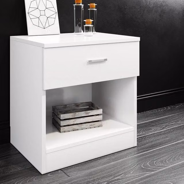 FORGEVIO White High Gloss Modern Beside Table and Storage Cabinet