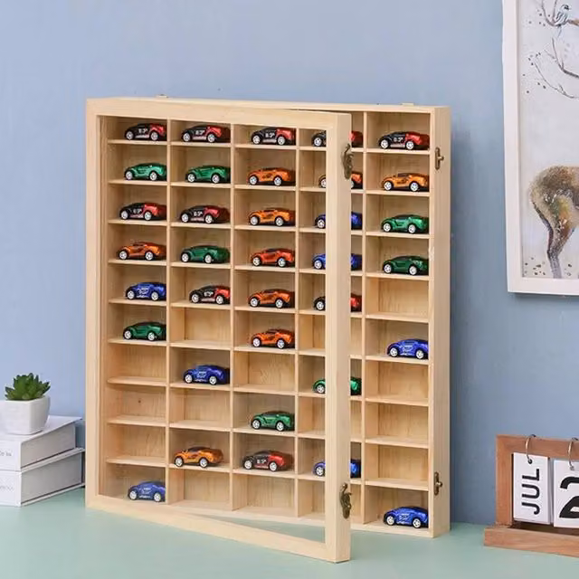 FLAVORA Wall Mounted Display Cabinet for 1/64 Scale Diecast Cars in Natural Wood with Glass Doors