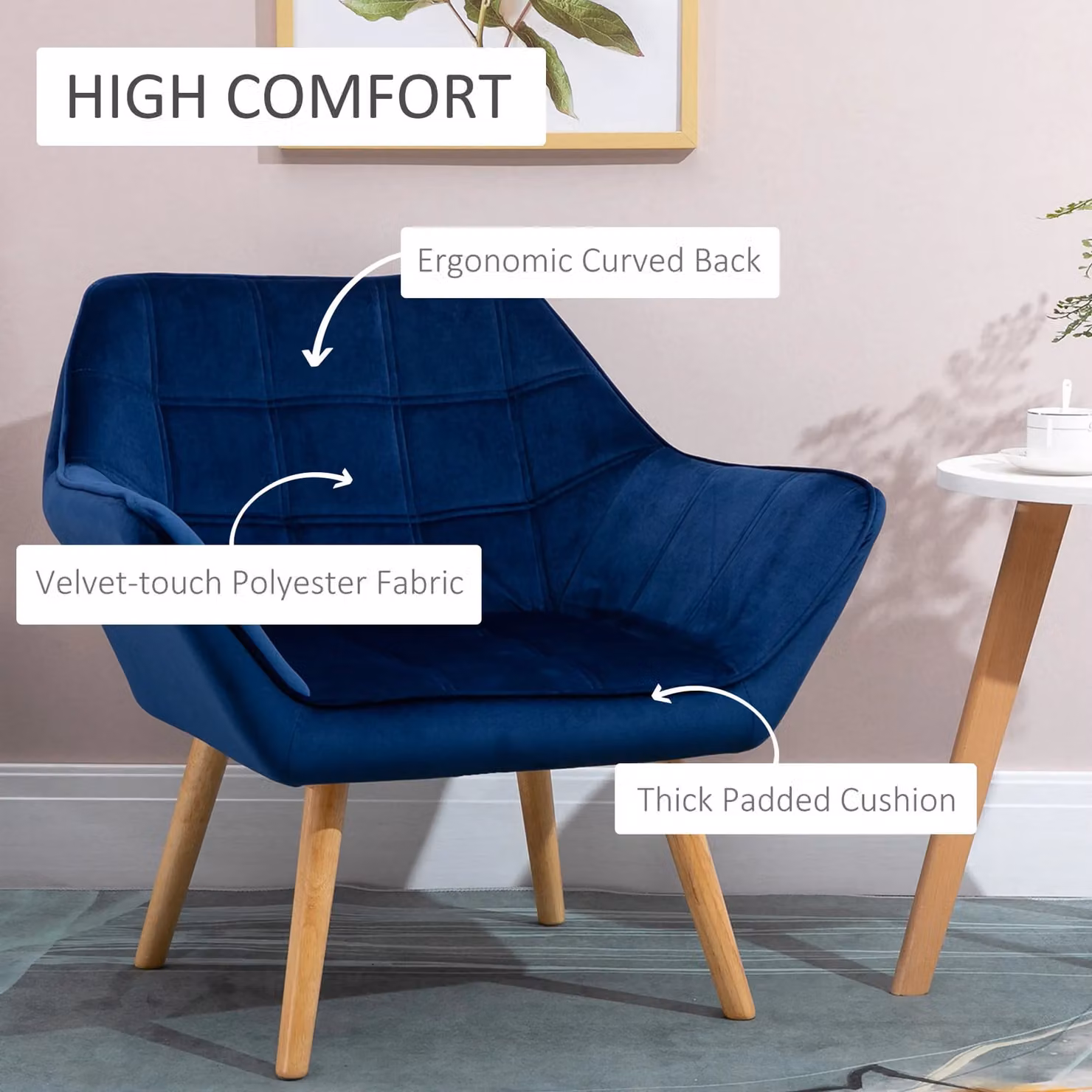 HOMCOM Set of 2 Modern Blue Velvet Accent Armchairs with Metal Frame and Wooden Legs – 3