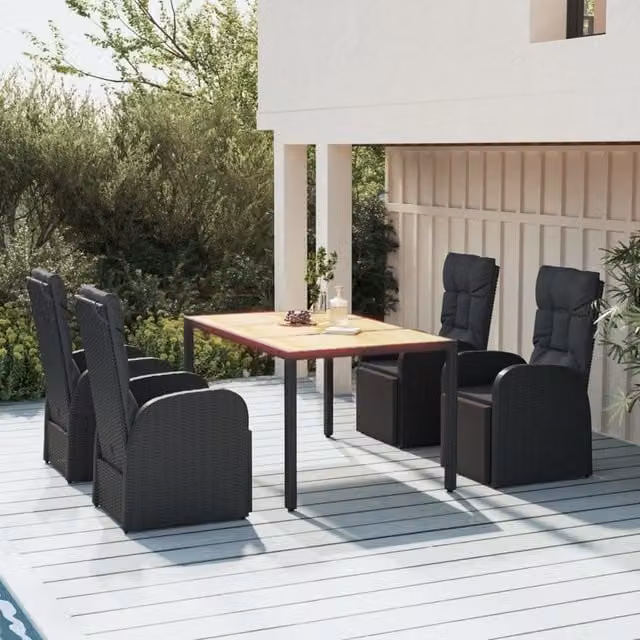Berkfield Home 5 Piece Garden Dining Set in Black Poly Rattan and Solid Acacia Wood – 1