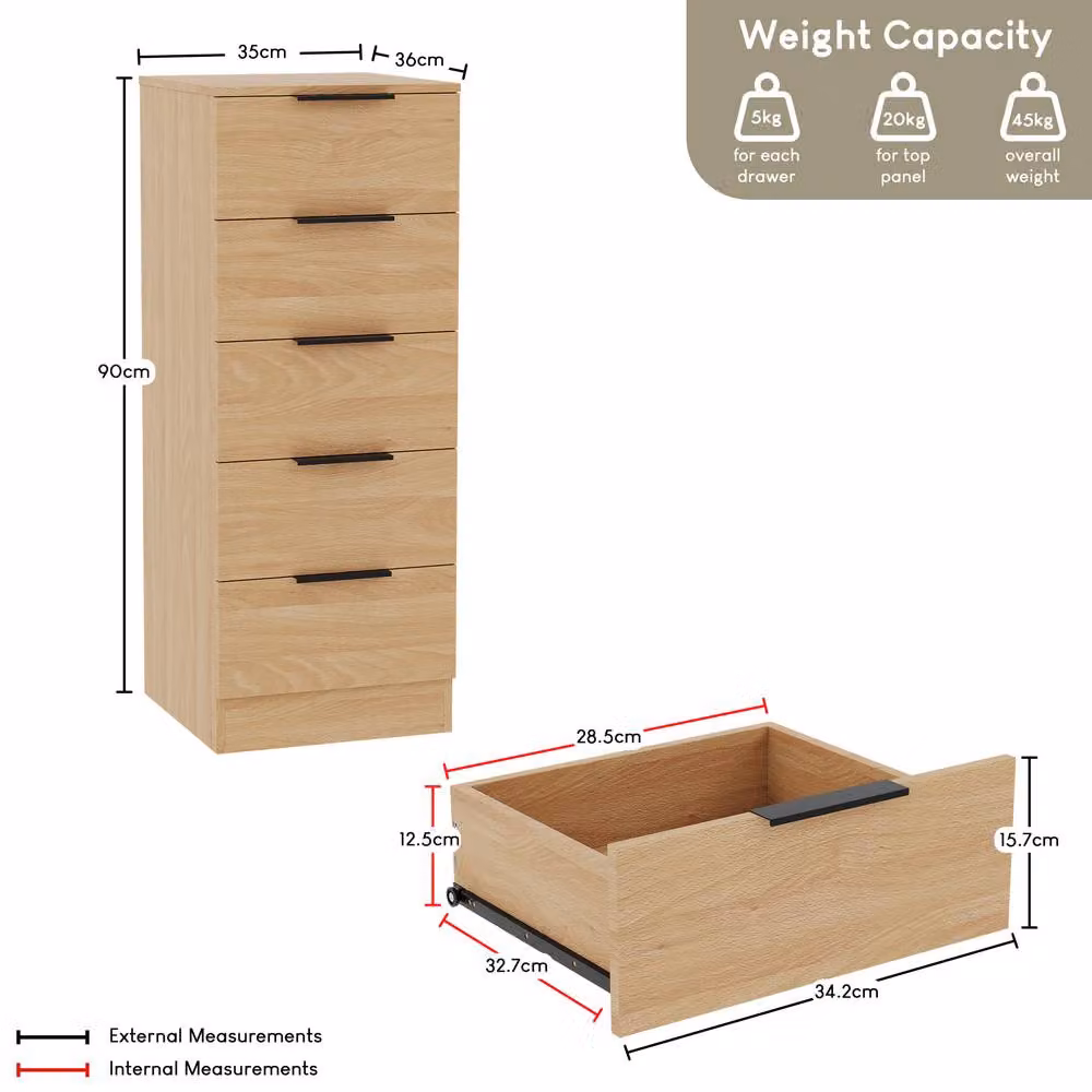 HD Designs Trega 5 Drawer Narrow Chest of Drawers in Light Brown – 2