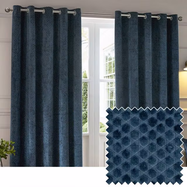 Paoletti Neptune Navy Blue Velvet Blackout Eyelet Curtains, Pair, Width: 229 cm, Drop: 229 cm