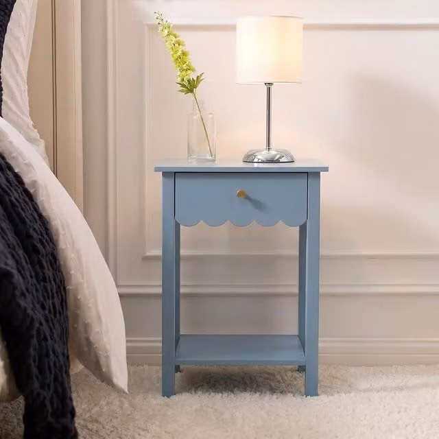 OHS Scallop Bedside Table 1 Drawer Cabinet Nightstand Storage Unit in Blue – 1