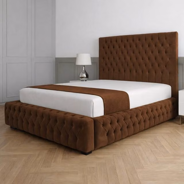 Living Comfort Bedz Countess Brown Velvet Upholstered Gas Lift Storage Bed with 48 Inch Headboard, W/D/H: 200 x 200 cm