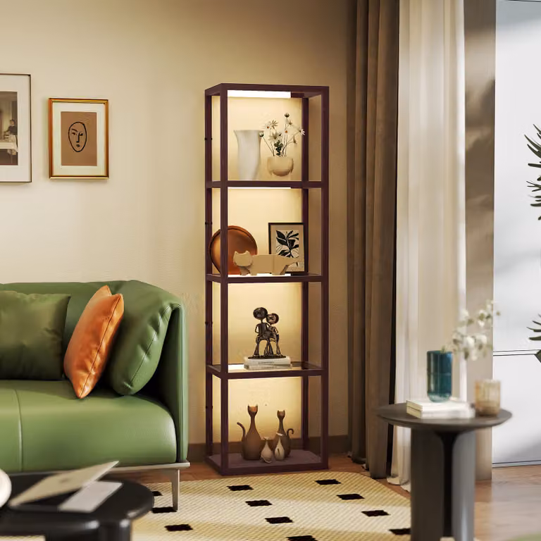 HOMCOM Dimmable LED Floor Lamp with 4 Glass Shelves in Dark Brown