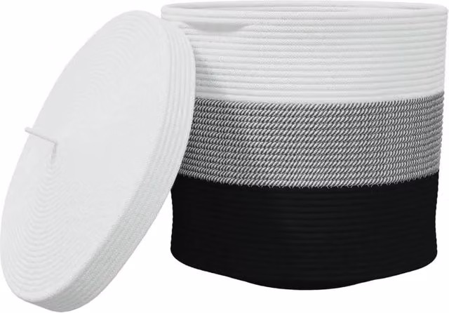 Berkfield Cotton Home Storage Basket with Lid and Handles, White and Black, W: 40 cm, H: 35 cm