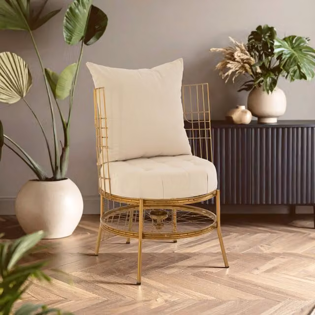 Orsina Luxurious Gold Fabric Upholstered Armchair with Metal Frame
