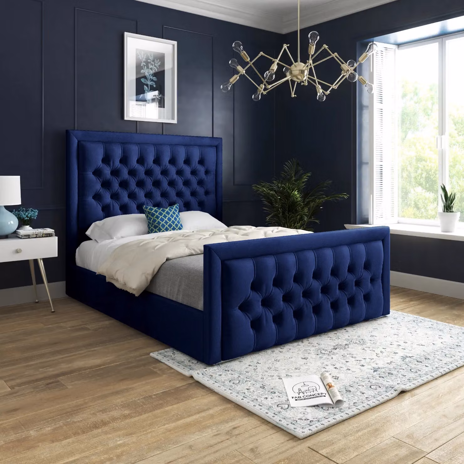 Casani Modern Upholstered Velvet Bed Frame in Blue, W/D/H: 90 x 190 x 137 cm – 2