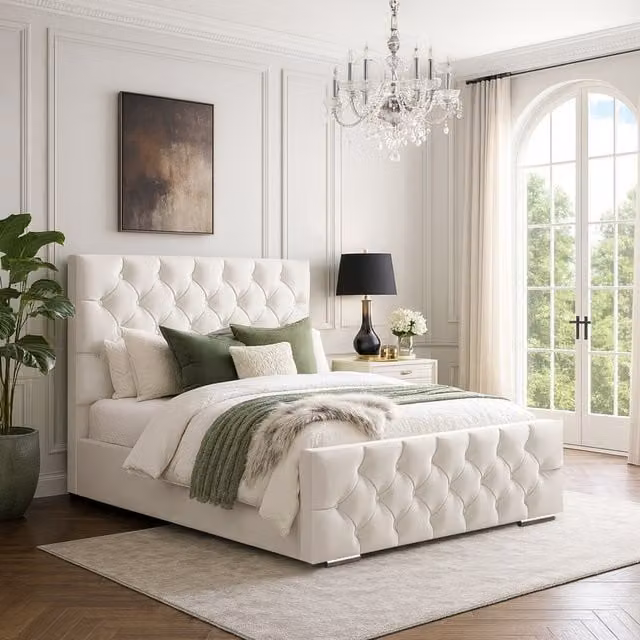 Desire Deco Chesterfield Upholstered Velvet Bed Frame, Yellow, W: 200 cm x D: 200 cm