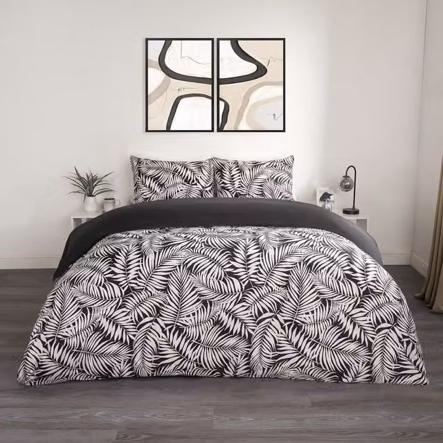 OHS Reversible Floral Tropical Duvet Cover Set in Black and Green, W/D/H: 180 x 200 cm