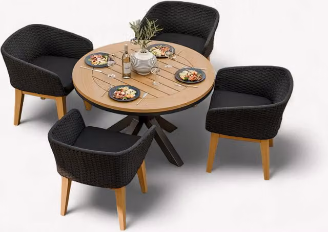Royalcraft Modern Black and Teak Wood Rattan 4 Seater Dining Set