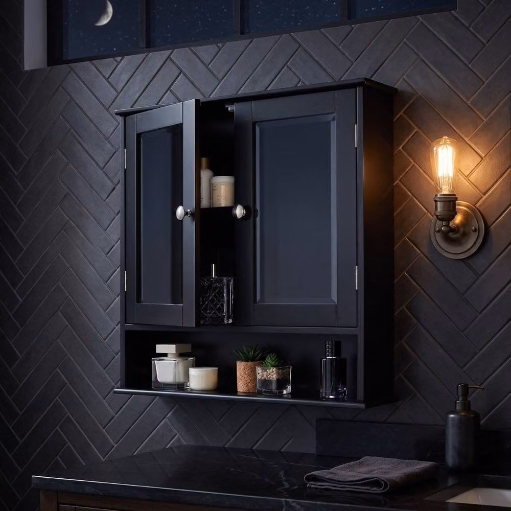 Home Luxe Interior Maine Black 2 Door Bathroom Wall Cabinet with Mirrored Glass Doors and Storage – 4