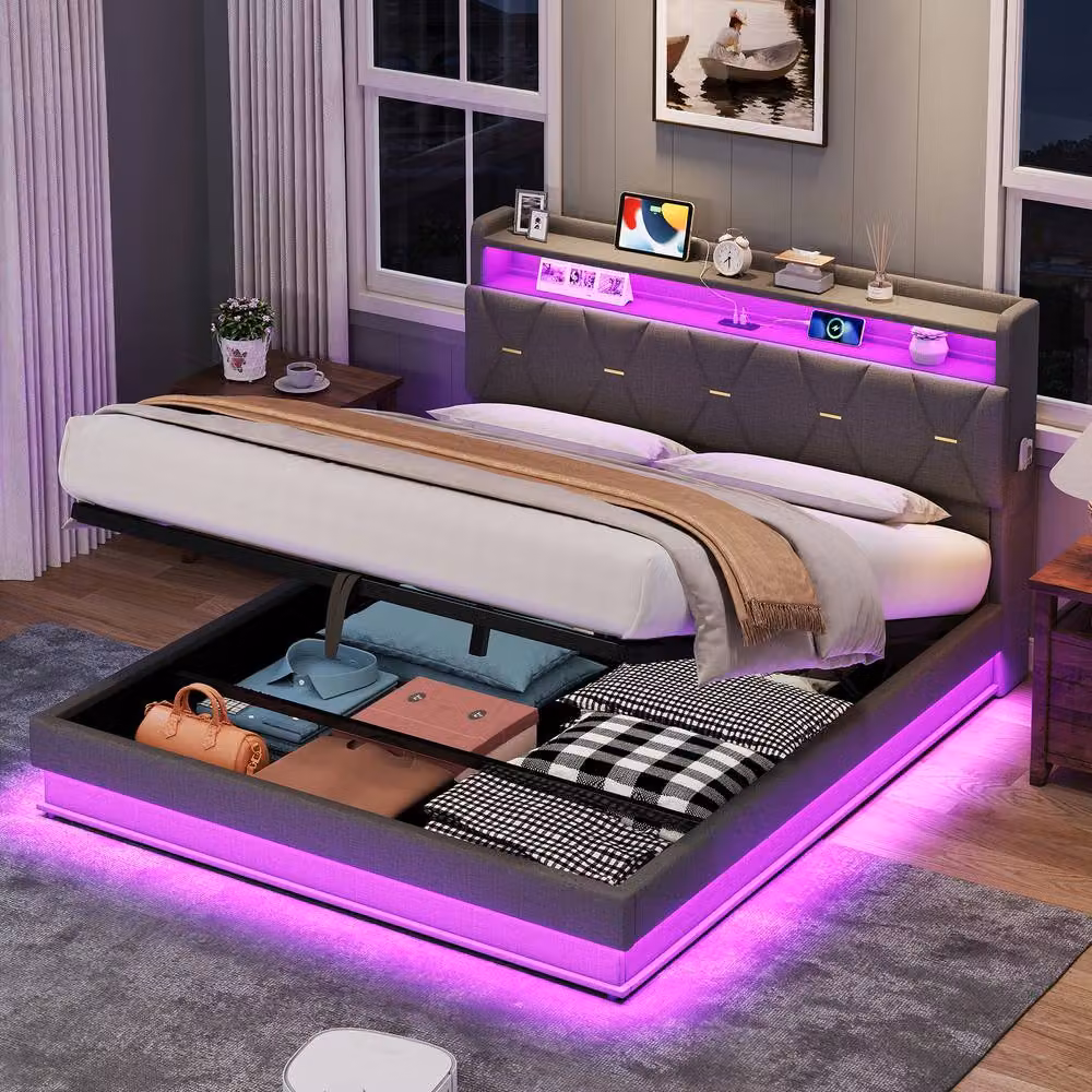 BTM Grey Fabric Upholstered Double Bed with Hydraulic Storage, LED Lighting and USB Charging Headboard, W/D/H: 140 x 200 cm – 2