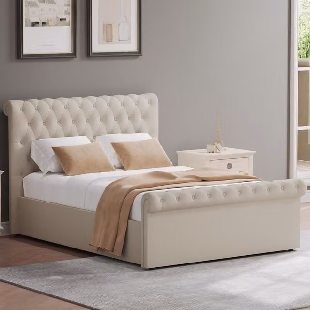 FWStyle Abbey Almond Double Bed Frame with Side Lift Ottoman Base and Scroll Buttoned Upholstery