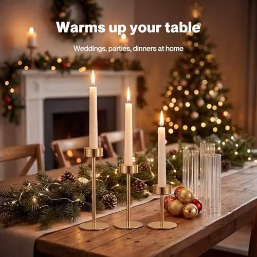 Levede Set of 3 Gold Fluted Metal and Glass Hurricane Candle Holders for Taper Candles – 5