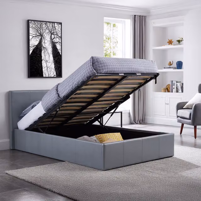 Luna Siesta Grey Faux Leather Upholstered Double Ottoman Bed with Gas Lift Storage, H: 88.5 cm x W: 140 cm x L: 203 cm – 1