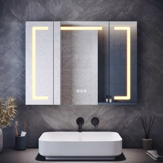 PAWNORA White LED Bathroom Mirror Cabinet with Integrated Lighting, Anti-Fog Feature and Internal Shelves