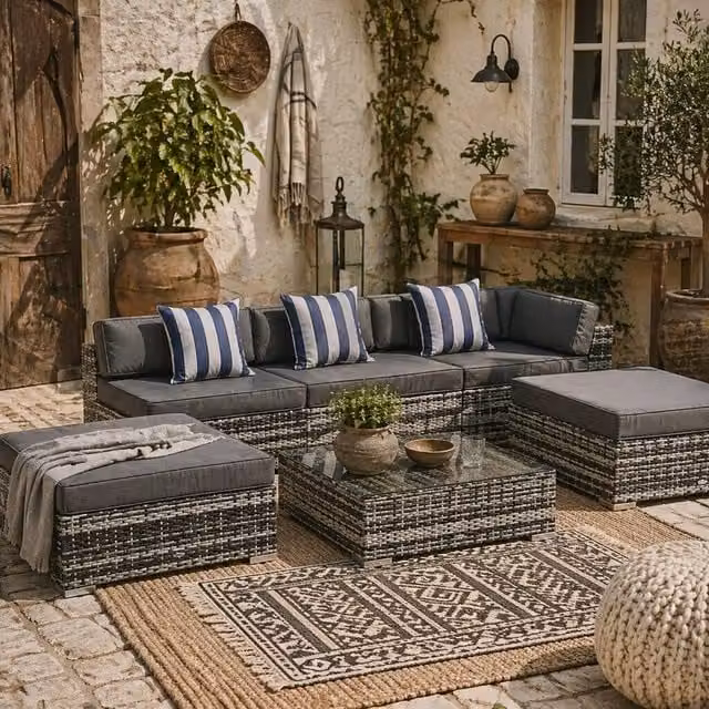 Wyld Haus Nona 6 Piece Grey Rattan Outdoor Sofa Set with Cushions and Square Table