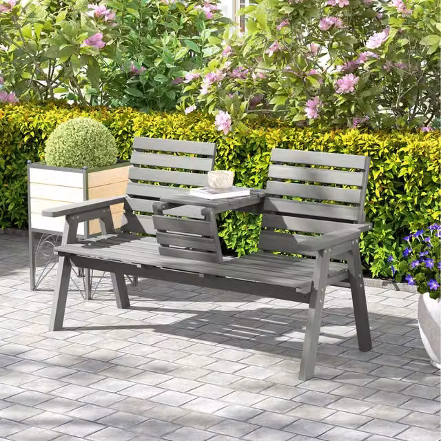 Outsunny Grey Wooden Convertible 2-3 Seater Garden Bench