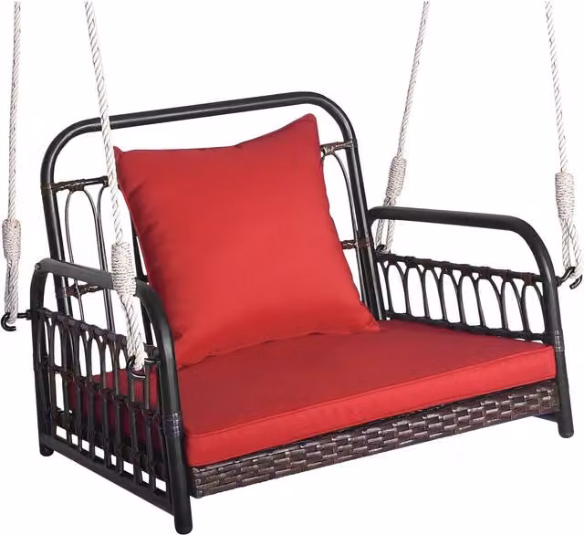 COSTWAY Modern Red Rattan Hanging Porch Swing with Armrests and Cushions