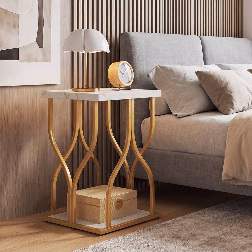 Costway Faux Marble Nightstand, 2-Tier White End Table with Storage Shelf and Metal X-Frame – 3