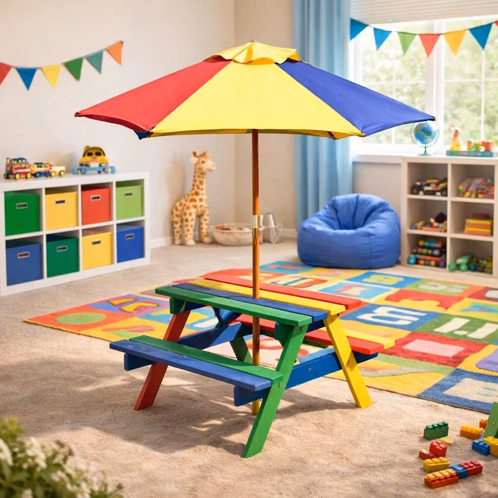 FLAVORA Wooden Rainbow Garden Picnic Table and Bench Set with Parasol in Multicolour – 3