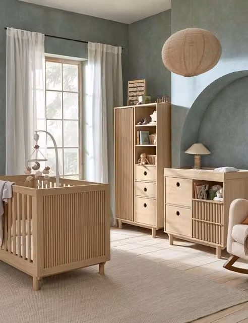 Mamas & Papas Oska Cot Bed, Narrow Dresser Changer and Wardrobe Set in Brown