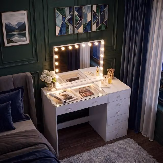FENCHILIN 8-Drawer White Dressing Table with 18 LED Hollywood Mirror