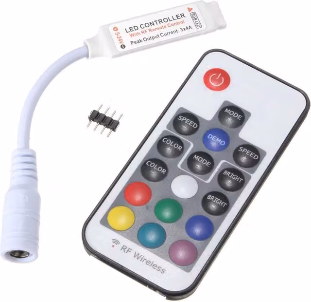 Ener-J RGB LED Controller with 17-Key RF Remote for 5050 and 3528 LED Strip Lights, Silver and White