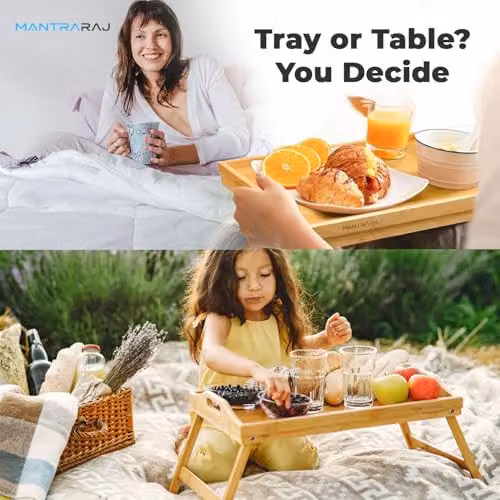 Mantraraj Bamboo Bed Tray Table Pack of 2 in Natural Brown with Foldable Legs and Handles – 6