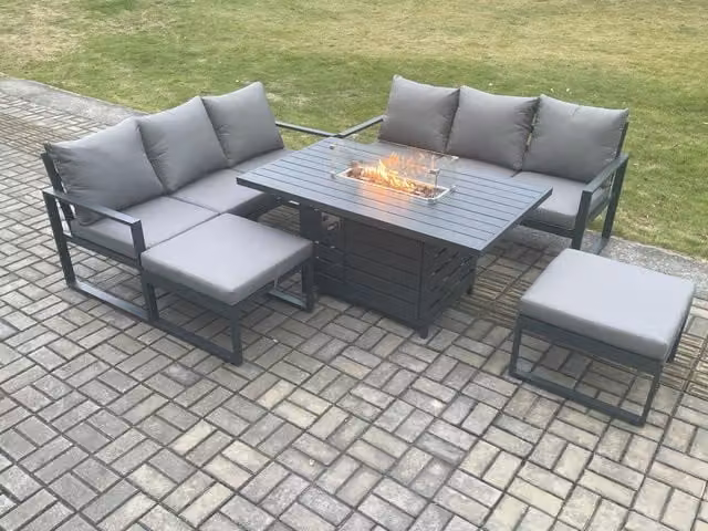 Fimous 8 Seater Outdoor Garden Furniture Set with Gas Fire Pit Dining Table and 2 Footstools in Dark Grey Powder Coated Aluminium