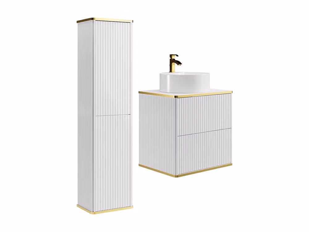 Vente-unique White Wall Mounted Grooved Bathroom Vanity Unit with Round Countertop Basin and Gold Details W/D/H: 60 x 47 x 54 cm – 2
