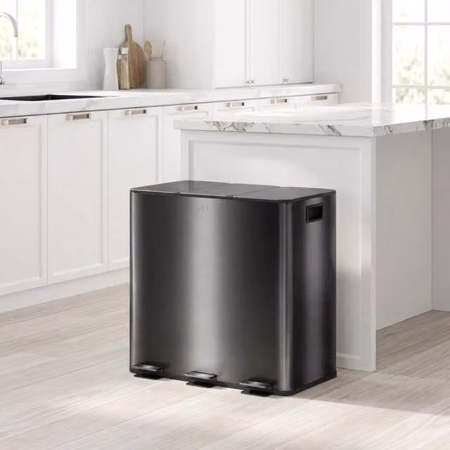 STILVORA 45L Triple Pedal Bin with Soft-Close Lid and Odour Filter in Black Stainless Steel