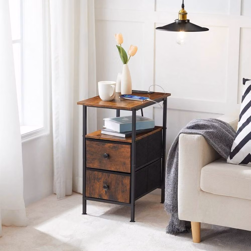 FORGEVIO Brown Wood Bedside Table with Charging Station and Media Compartments – 3