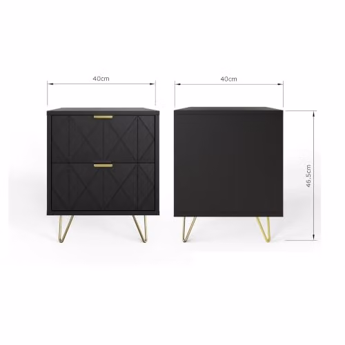 GFW Alora Pair of 2-Drawer Bedside Tables with Geometric Diamond Fronts, Gold Handles and Black Hairpin Legs – 2