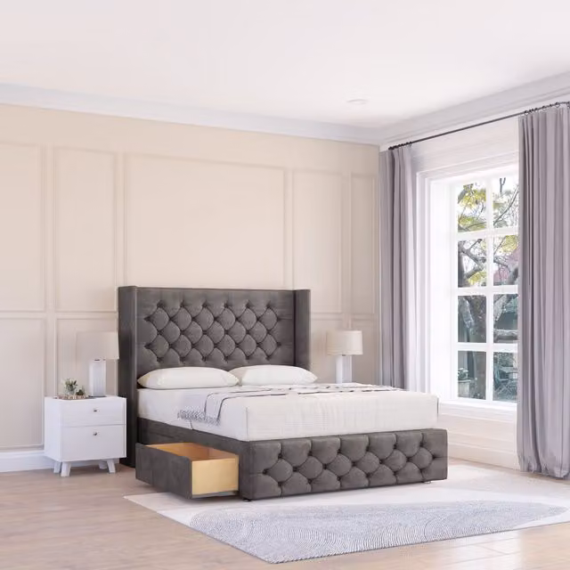 Sloomy Luthor Naples Wingback Bed Set in Dark Grey, Super King Size, with Upholstered Frame and Floor Standing Headboard