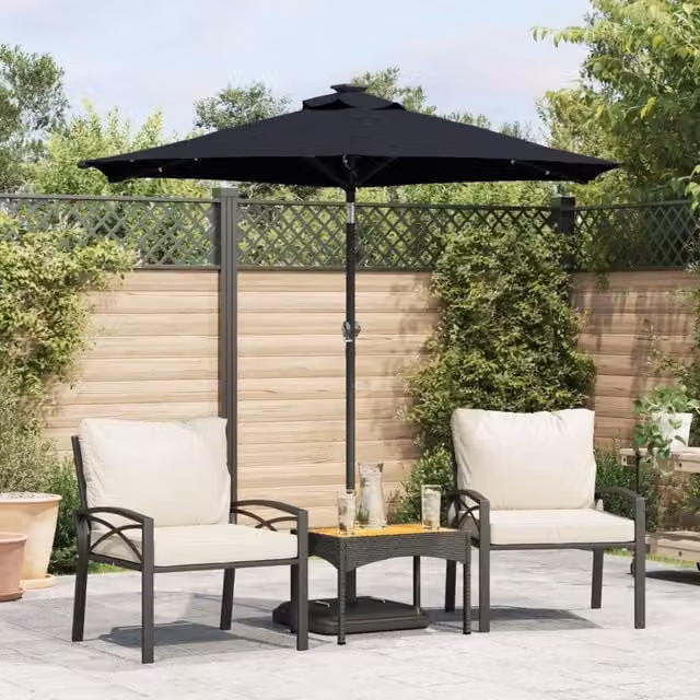 Berkfield Home Garden Parasol with LEDs and Steel Pole, Black, W/D/H: 225 x 225 x 212 cm