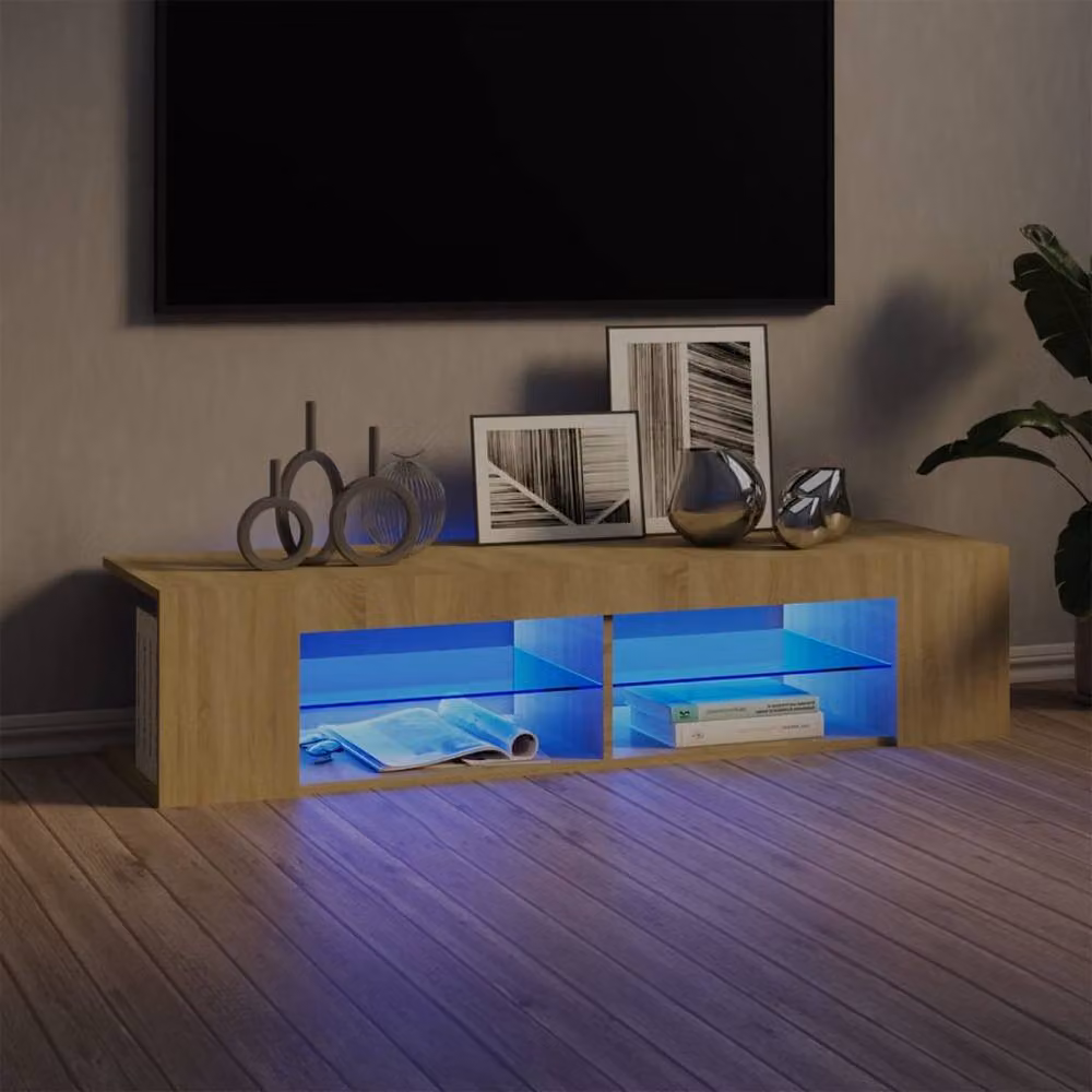 Berkfield Home Modern TV Cabinet with LED Lights in Sonoma Oak and Light Tan, W/D/H: 135 x 39 x 30 cm – 2