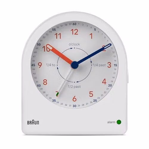 Braun Analogue Time Teacher Alarm Clock with Snooze and Continuous Backlight in White, Model BC22TW