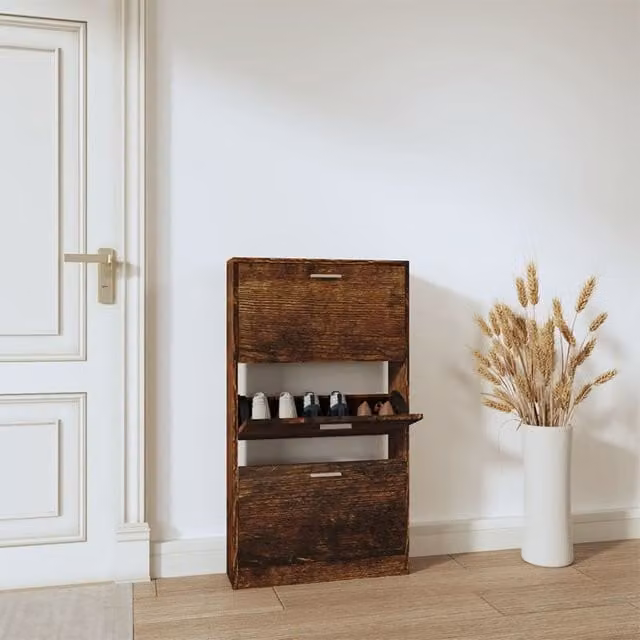 Berkfield Home Modern Smoked Oak Shoe Cabinet in Brown, W/D/H: 59 x 17 x 108 cm