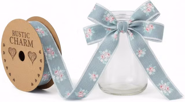 Kingsbury Gifts Vintage Elegance Linen Look Floral Ribbon, Teal