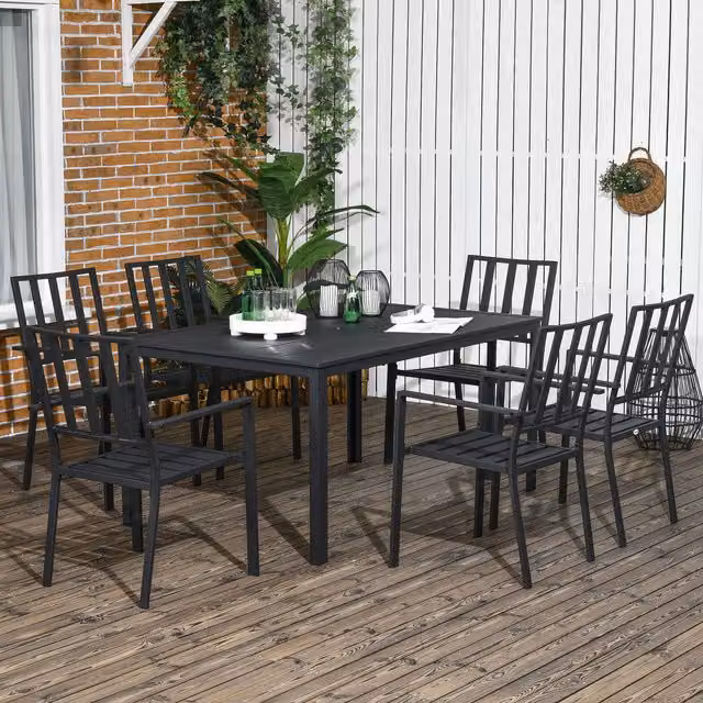 Outsunny Modern Garden Dining Set with Rectangular Metal Top Table and 7 Stackable Chairs in Black