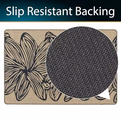 JVL Elegance Floral Machine Washable Non-Slip Entrance Doormat and Runner Set in Sand, Black and Beige – 8