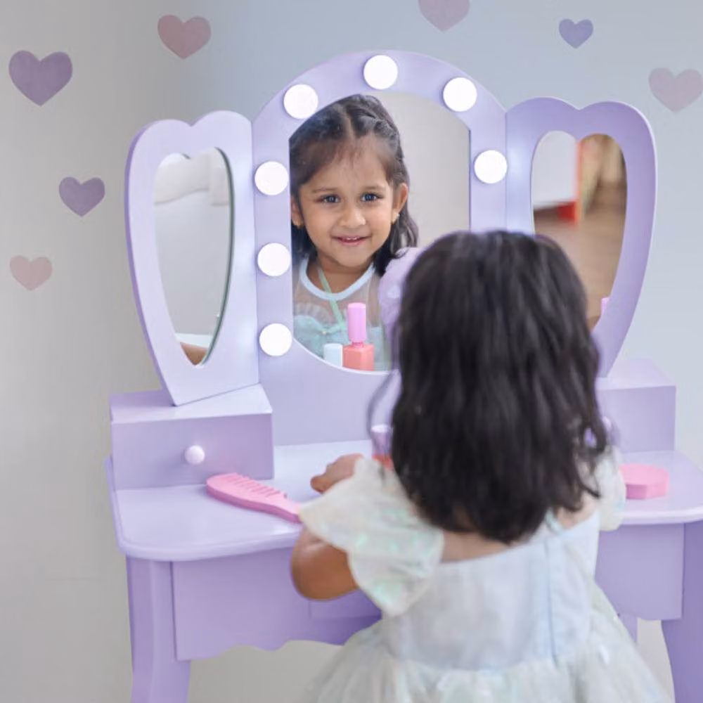 Teamson Kids Heart Vanity Table with LED Mirror, Stool and Drawers in Purple – 2