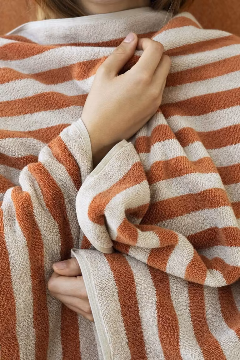 Blomus ARTO Striped Cotton Terry Bath Towel in Off-White, Moonbeam and Amber Brown, W: 70 cm, L: 140 cm