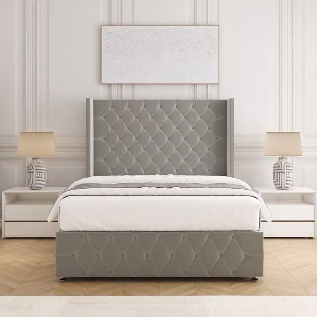 BSSPOKE Ruby Divan Bed Set with 54 inch Headboard and Mattress in Silver Plush Velvet, Size: King, W/D/H: 180 x 200 cm