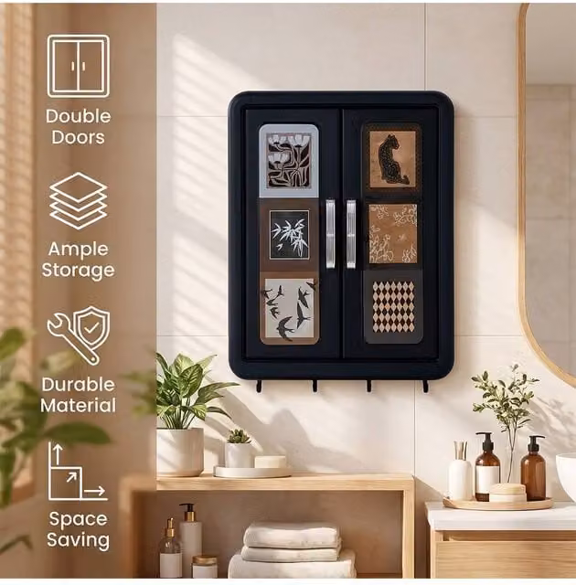 Garden Sanctuary Mid-Century Wall-Mounted Black Bathroom Storage Cabinet with Hinged Doors and Internal Shelves – 1