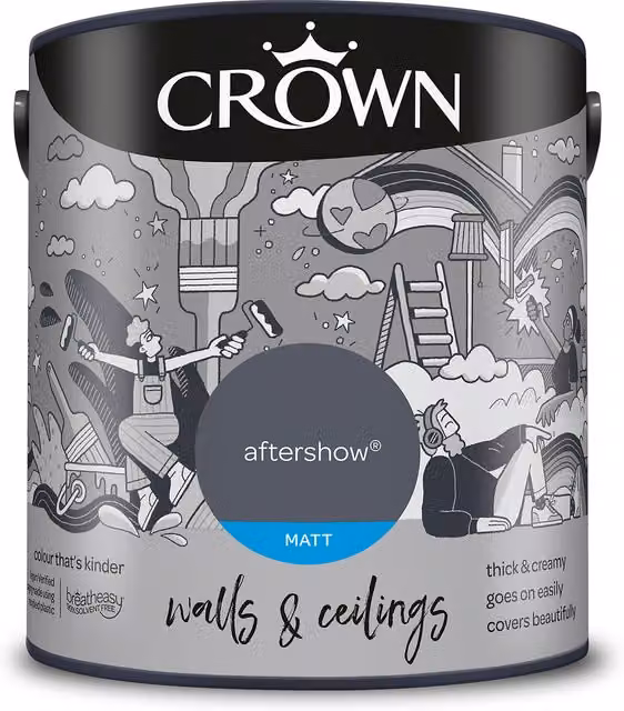 Crown Aftershow Matt Emulsion Wall and Ceiling Paint, Blue, Solvent-Free and Allergy-Friendly