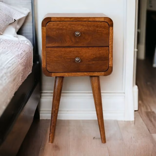 Artisan Furniture Solid Mango Wood Mini Chestnut Curved Bedside Table in Brown